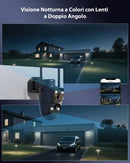 COCOCAM 2K Doppio Obiettivo Telecamera Wi-Fi Esterno Senza Fili, 6W Pannello Solare, Batteria 10000mAh, Doppio PIR e Rilevamento Umano AI, Visione Notturna Colori, 355°P 90°T, WiFi 2.4G COCOCAM