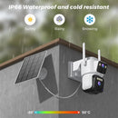 Telecamera solare da 6 MP, Wi-Fi, doppia lente, alimentata a energia solare, telecamera di sicurezza wireless, batteria integrata da 7800 mAh, audio con tracciamento automatico(6MP Add 32G Card)